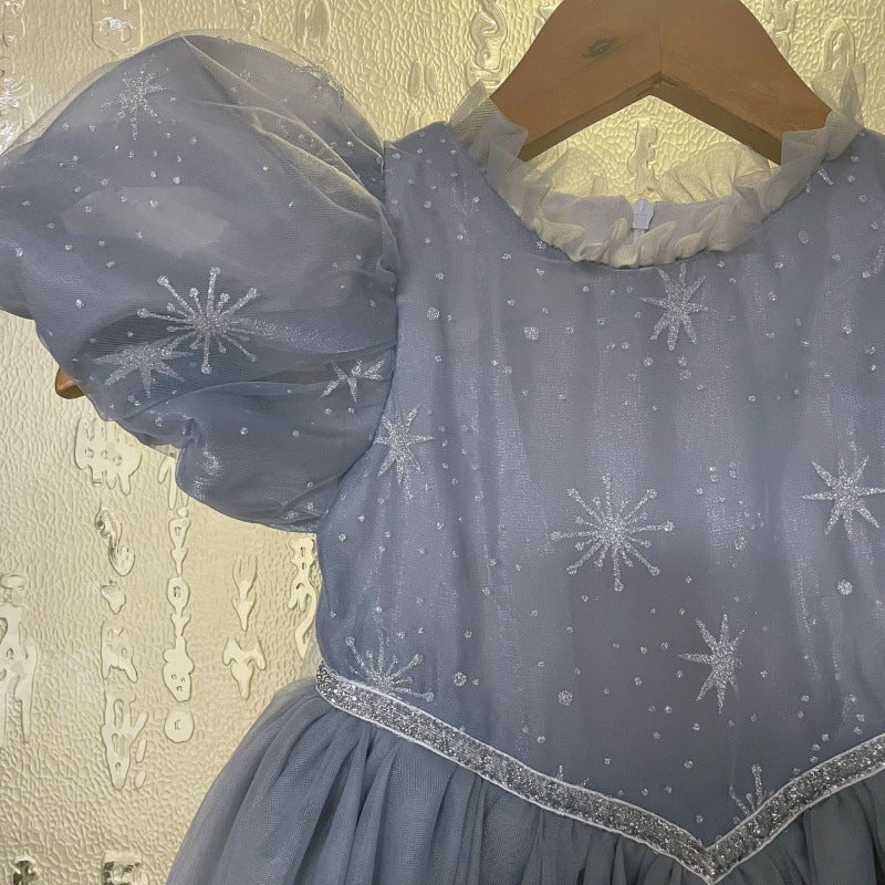 VLOVELAW Frozen Princess Elsa Elsa Puff Sleeve Gauze Dress Spring and Summer Girls' Princess Dress Dress Birthday Cloak Gift