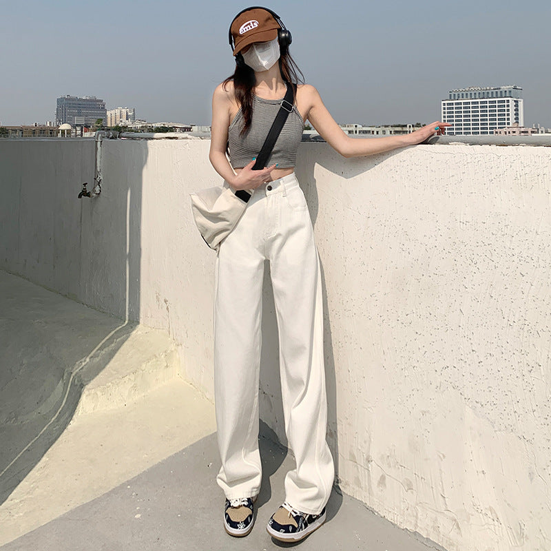 White Wide-Leg Jeans for Women 2024 Spring and Autumn New High Waist Straight Loose Slimming Small Mop Pants Trendy