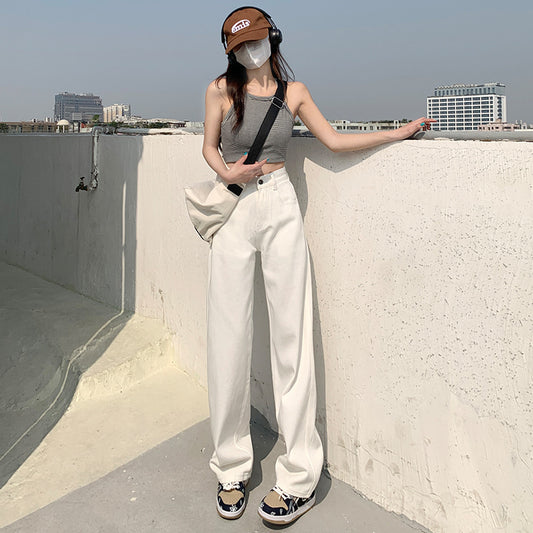 White Wide-Leg Jeans for Women 2025 Spring and Autumn New High Waist Straight Loose Slimming Small Mop Pants Trendy