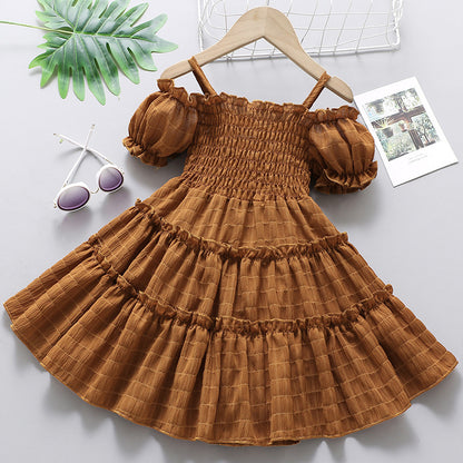 VLOVELAW Foreign Trade Children's Wear Western Style Girl Dress Summer New Girl Puff Sleeve Spaghetti Straps Chest Wrap Ruffled Princess Dress