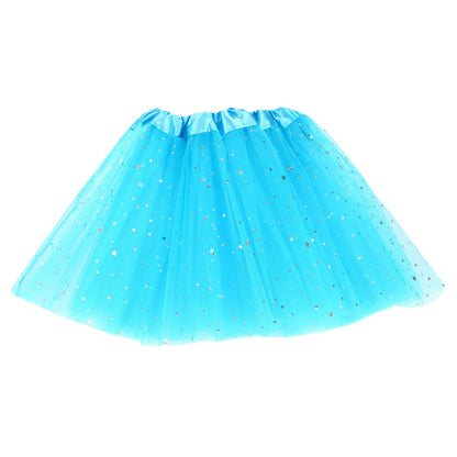 VLOVELAW Dance Tutu Skirt Children's Day Performance Skirt Princess Dress Girl's Three-Layer Mesh Sequins Five-Pointed Star Half-Length Pettiskirt