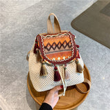 Ethnic Style Cross-Border Backpack for Women  New Wholesale Weave Vintage Bag Fashion Color Contrast Casual Travel Bag