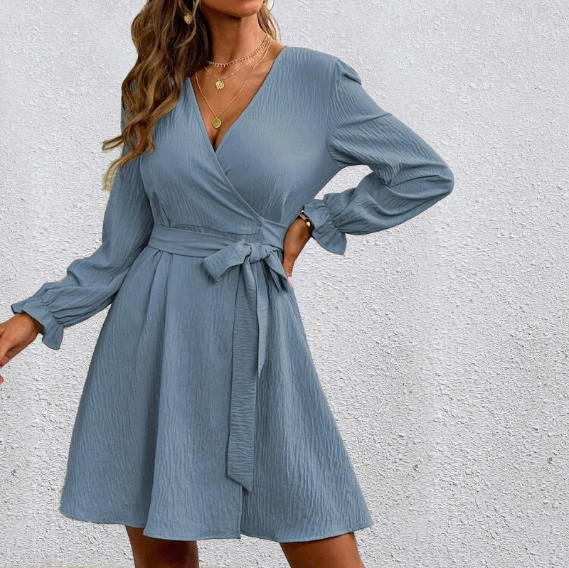 XIEYINSHE Europe and America Cross Border Foreign Trade  EBay Solid Color Chest Wrap Slit Collar Drawstring Lantern Sleeve Dress