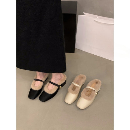 Thick heel  small fragrant wind fluffy slippers women's shoes popular new autumn and winter bag head half slippers velvet cotton shoes