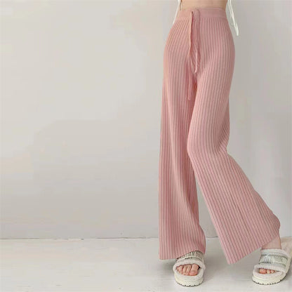 VLOVELAW Lazy pit strip white knitted wide-leg pants women's autumn and winter high waist drape straight loose casual versatile floor-mopping trousers