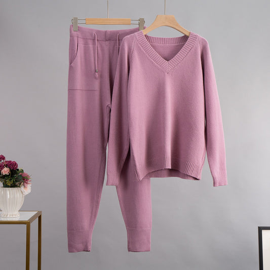 VLOVELAW  V-neck sweater set, Popular, 2025 popular autumn and winter warm backing V-neck sweater + pocket pants two-piece set