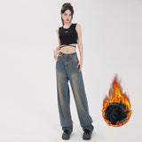 Hey Jeans Vintage Starry Sky Pattern Jeans Women's Spring and Autumn High Waist Loose and Slimming Wheat Wide-Leg Pants