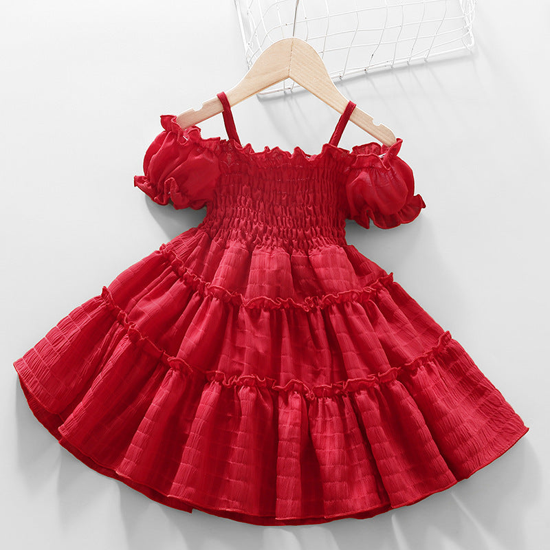 VLOVELAW Foreign Trade Children's Wear Western Style Girl Dress Summer New Girl Puff Sleeve Spaghetti Straps Chest Wrap Ruffled Princess Dress