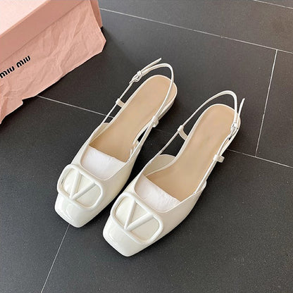 VLOVELAW  Su Cojin Same Style Princess Deer ~ Square Toe V Buckle Closed Toe Back Empty Nude Pink Flat Sandals for Women Commuter Shoes 2024