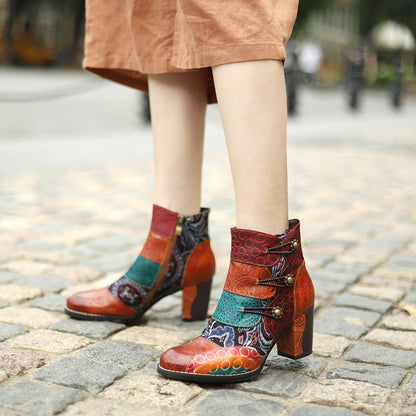 Export Four Seasons Fashion Leather Stitching Women's Shoes Jacquard Techniques Fashion Comfortable Thick Heel Women's Short Boots