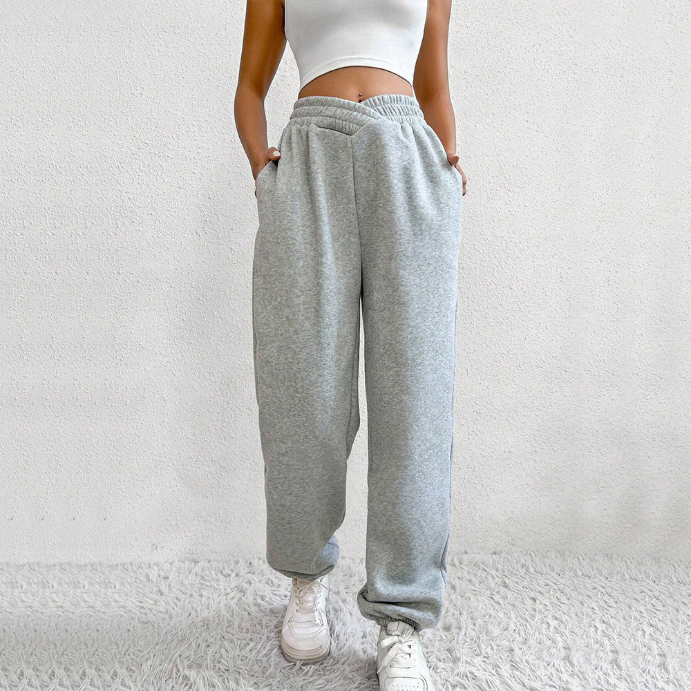 New  women's clothing sports and leisure style tied casual pants autumn and winter high-waisted velvet V-waist trousers