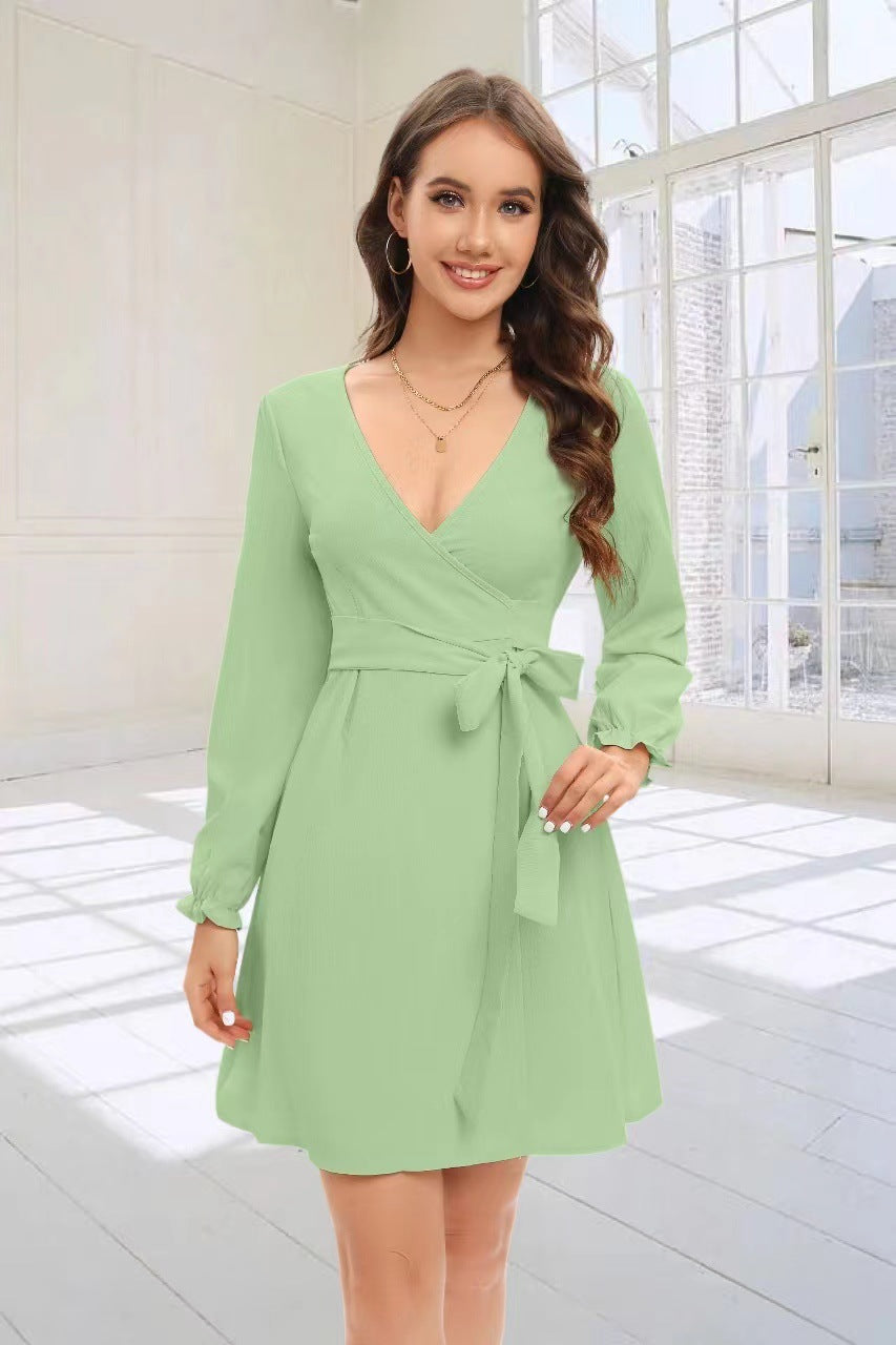 XIEYINSHE Europe and America Cross Border Foreign Trade  EBay Solid Color Chest Wrap Slit Collar Drawstring Lantern Sleeve Dress