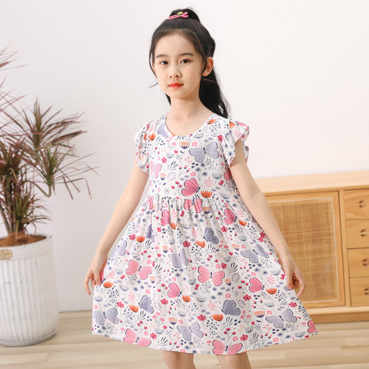 VLOVELAW Girls Dress Kids' Skirt Summer Baby Cotton Silk Floral Skirt Baby Girl Short Sleeve Princess Dress Clothes Children's Clothing