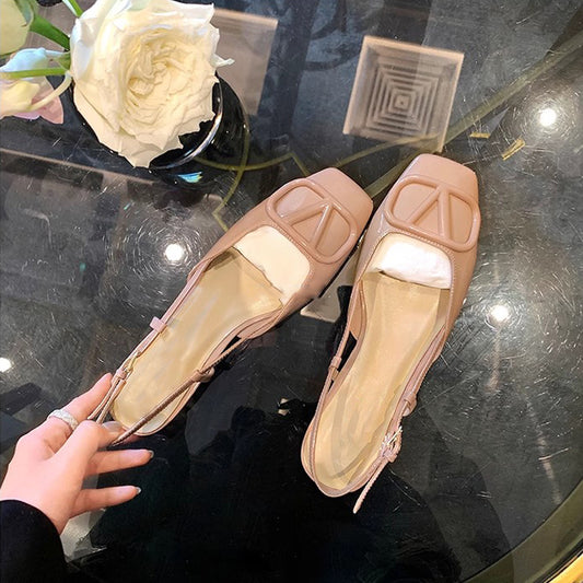 VLOVELAW  Su Cojin Same Style Princess Deer ~ Square Toe V Buckle Closed Toe Back Empty Nude Pink Flat Sandals for Women Commuter Shoes 2024