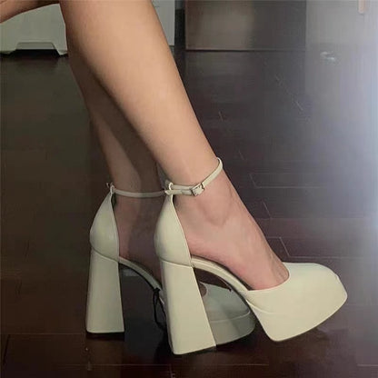 Super High Heels Barbie Shoes Women's  New Spring and Autumn Beige Closed Toe Mary Jane Chunky Heel Sandals Wedding Shoes