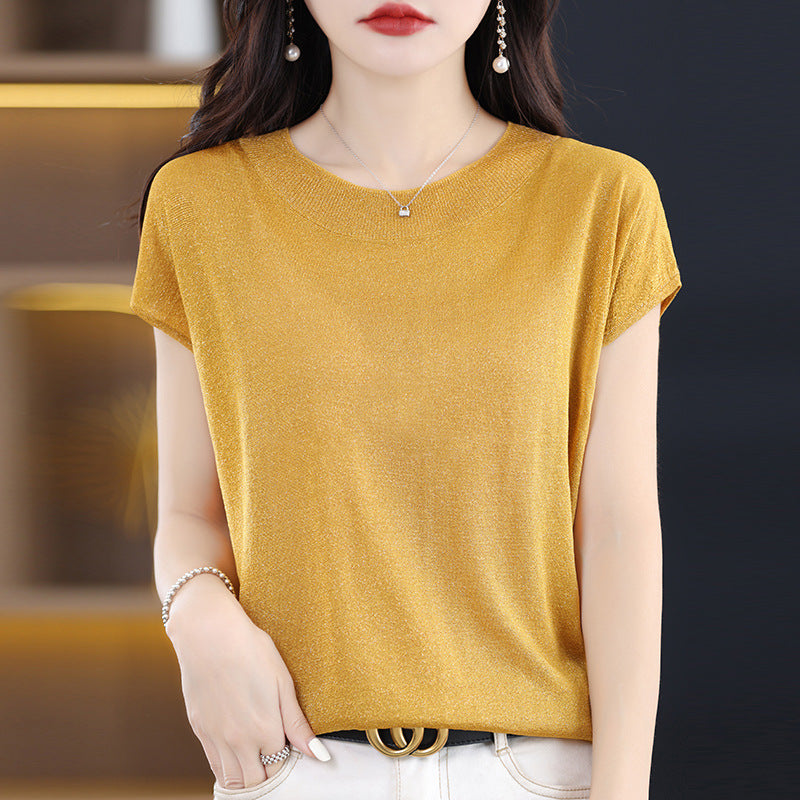 VLOVELAW Fil-Lumiere Weave T-shirt Women's Summer New round Neck Short Sleeve Women's Bottoming Shirt Thin Solid Color Versatile Slim-Fit Top T-shirt