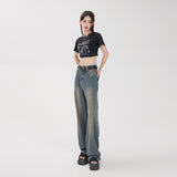 Hey Jeans Vintage Starry Sky Pattern Jeans Women's Spring and Autumn High Waist Loose and Slimming Wheat Wide-Leg Pants