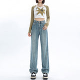 Retro Blue Narrow Wide-Leg Jeans for Women 2024 Summer New Small High Waist Drooping Baggy Straight Trousers