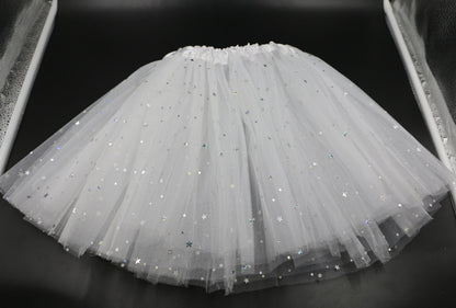 VLOVELAW Dance Tutu Skirt Children's Day Performance Skirt Princess Dress Girl's Three-Layer Mesh Sequins Five-Pointed Star Half-Length Pettiskirt