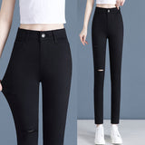 High Waist Stretch Jeans for Women Spring and Summer New Slim Fit Slimming and Fashionable Black Tight Trousers Fleece-lined Thickening Tapered Pants