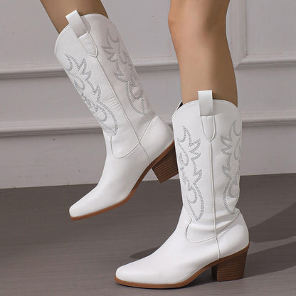 Cross-Border Foreign Trade plus Size Boots Women's Chunky Heel Pointed Toe High Leg Boot High Heel Boots White Western Denim Knight Boots