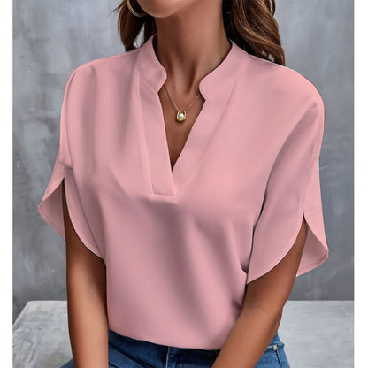 VLOVELAW Foreign Trade  Summer New V-neck Shirt Women's Pure Color Casual Versatile European and American Short Sleeve Pullover Shirt