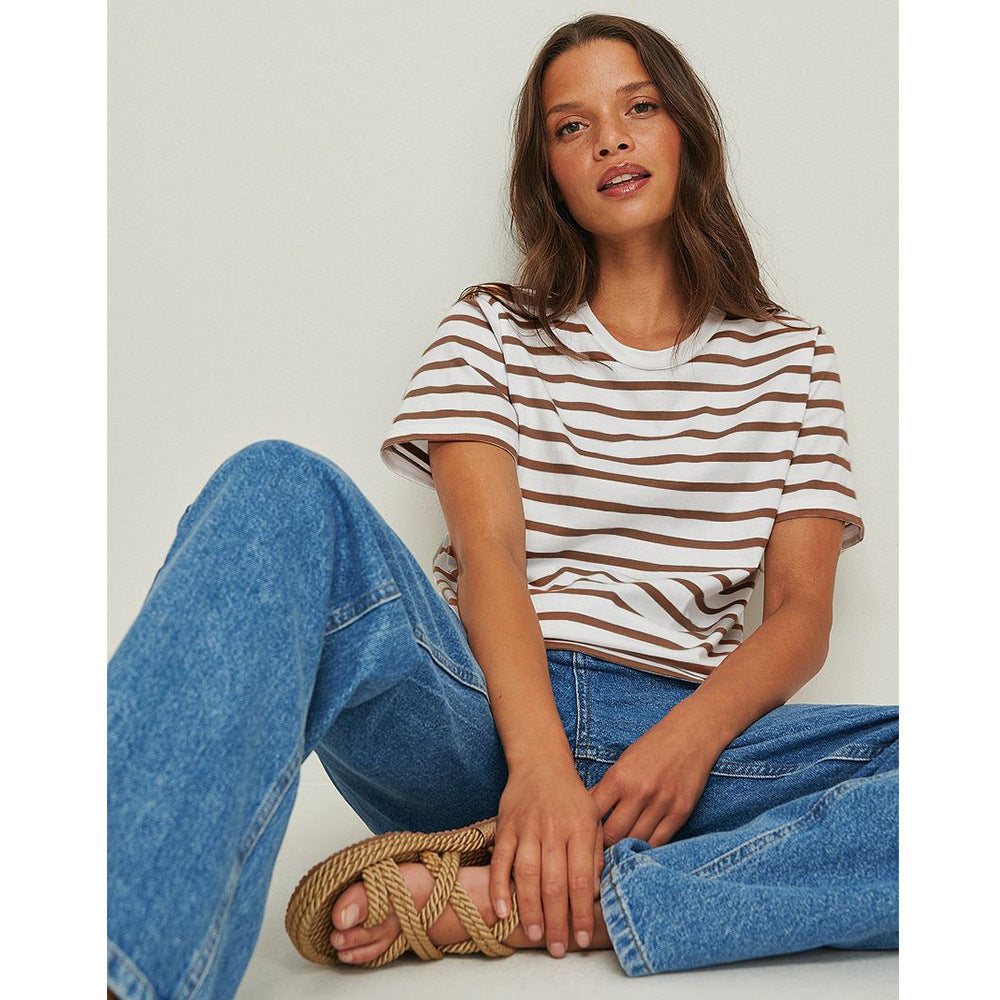 VLOVELAW  striped T-shirt short-sleeved Popular, 2025, spring and summer popular new versatile simple and loose pure cotton round neck striped short sleeves