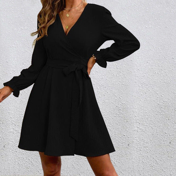 XIEYINSHE Europe and America Cross Border Foreign Trade  EBay Solid Color Chest Wrap Slit Collar Drawstring Lantern Sleeve Dress