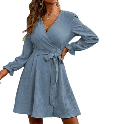 XIEYINSHE Europe and America Cross Border Foreign Trade  EBay Solid Color Chest Wrap Slit Collar Drawstring Lantern Sleeve Dress