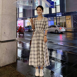 VLOVELAW 036 Plaid Shirt Dress Women's New Summer Long Fairy Lady Super Fairy Mori Style  Dress Waist-Slimming Dress