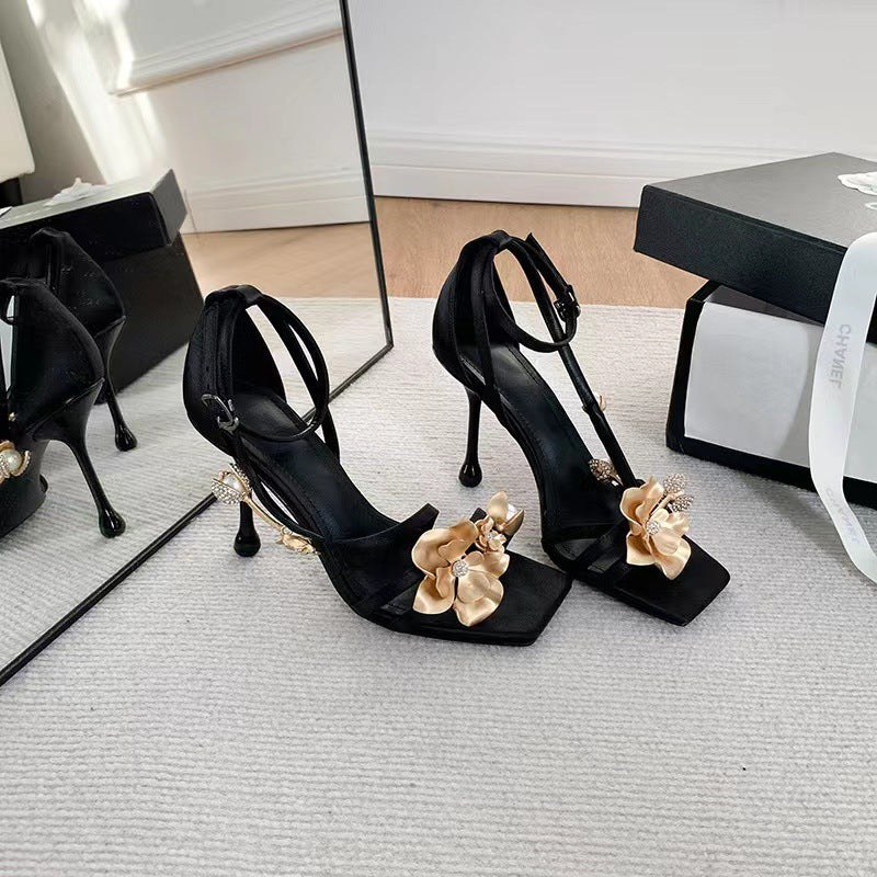 VLOVELAW  European and American New Open Toe Square Toe Metal Flower Decorative Flower Advanced Silk High Heel Stiletto Ankle-Strap Buckle Rhinestone Sandals