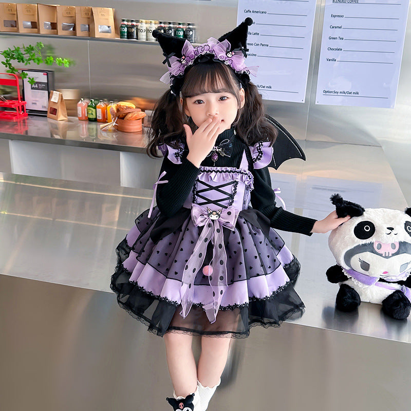 VLOVELAW Girls Clow M Lolita Princess Dress Halloween Autumn and Winter Long Sleeve Cos Costume Wings Children Luminous Skirt