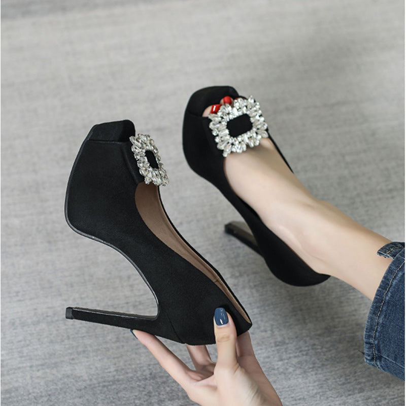 663-1 Super High Heel Shoes Peep Toe Shoes 12cm Stiletto Heel Square Toe Rhinestone Low Mouth Women's Shoes