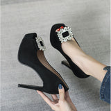 663-1 Super High Heel Shoes Peep Toe Shoes 12cm Stiletto Heel Square Toe Rhinestone Low Mouth Women's Shoes