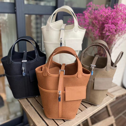 VLOVELAW 2025 Hot trade new vegetable basket bag swift cowhide with canvas splicing bucket bag fashionable casual hand bag