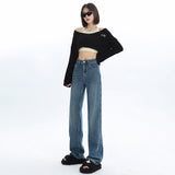 Retro Blue Narrow Wide-Leg Jeans for Women 2024 Summer New Small High Waist Drooping Baggy Straight Trousers