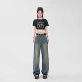 Hey Jeans Vintage Starry Sky Pattern Jeans Women's Spring and Autumn High Waist Loose and Slimming Wheat Wide-Leg Pants