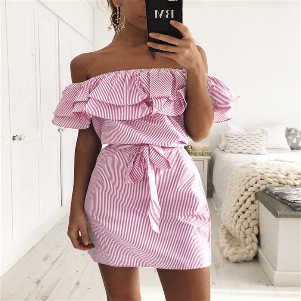 VLOVELAW In Stock European and American Foreign Trade Women's Clothing  Wish Summer Ruffle Sleeve Striped off-Shoulder off-Shoulder Collar Dress