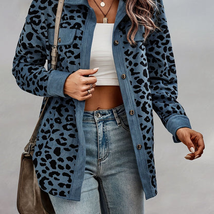 vlovelaw  Leopard Print Shacket Jacket, Casual Button Front Turn Down Collar Long Sleeve Outerwear, Women's Clothing