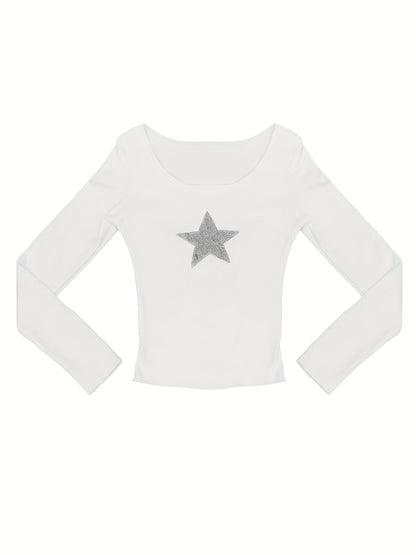 vlovelaw  vlovelaw  Star Pattern Crew Neck T-Shirt, Casual Long Sleeve Top For Spring & Fall, Women's Clothing