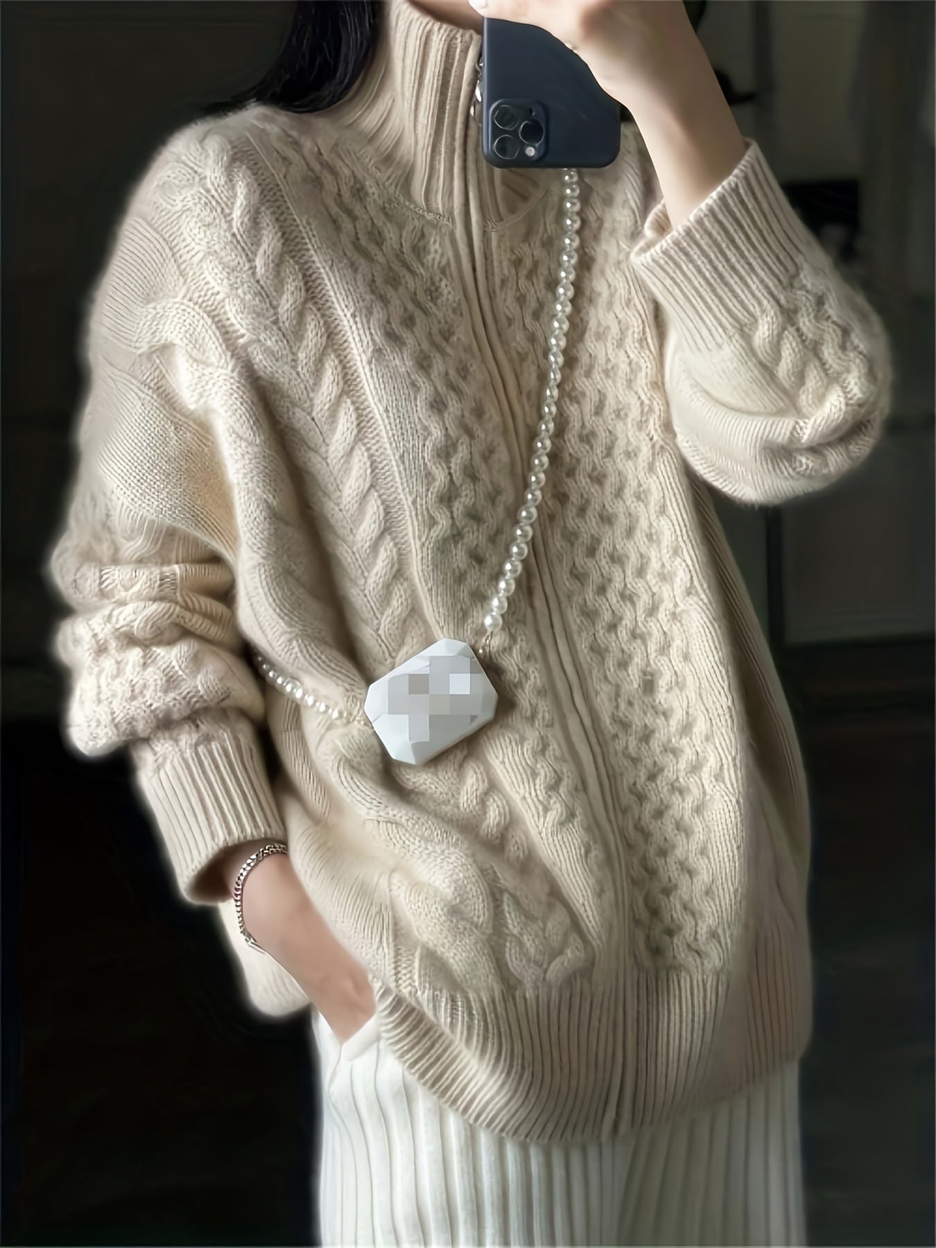 vlovelaw  Cable Knit Zip Up Loose Cardigan, Casual Long Sleeve Turtle Neck Sweater Coat, Women's Clothing