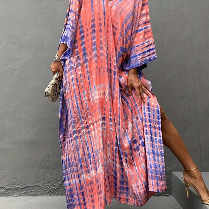 vlovelaw  V Neck Oversized Kaftan Dress, Bohemian Loose Beach Vacation Dress, Women's Clothing