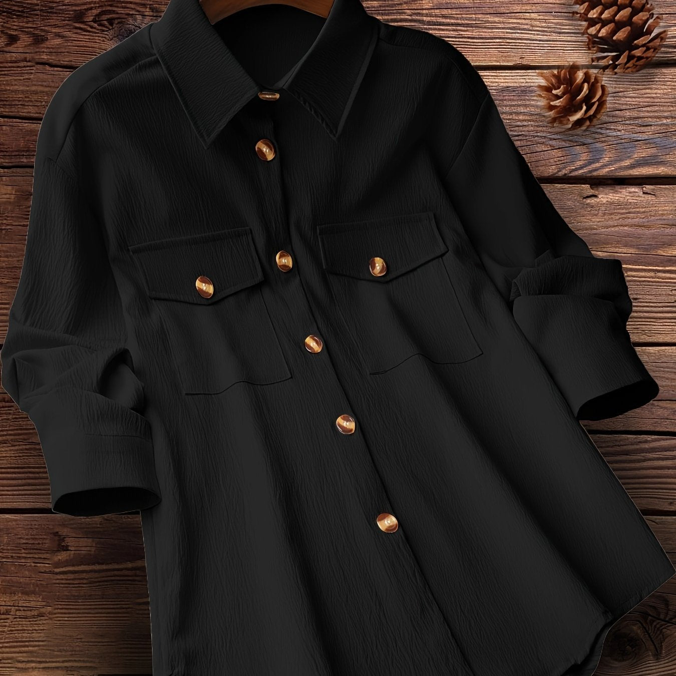 Solid Polo Collar Button Shirt, Casual Long Sleeve Shirt For Spring & Fall, Women's Clothing