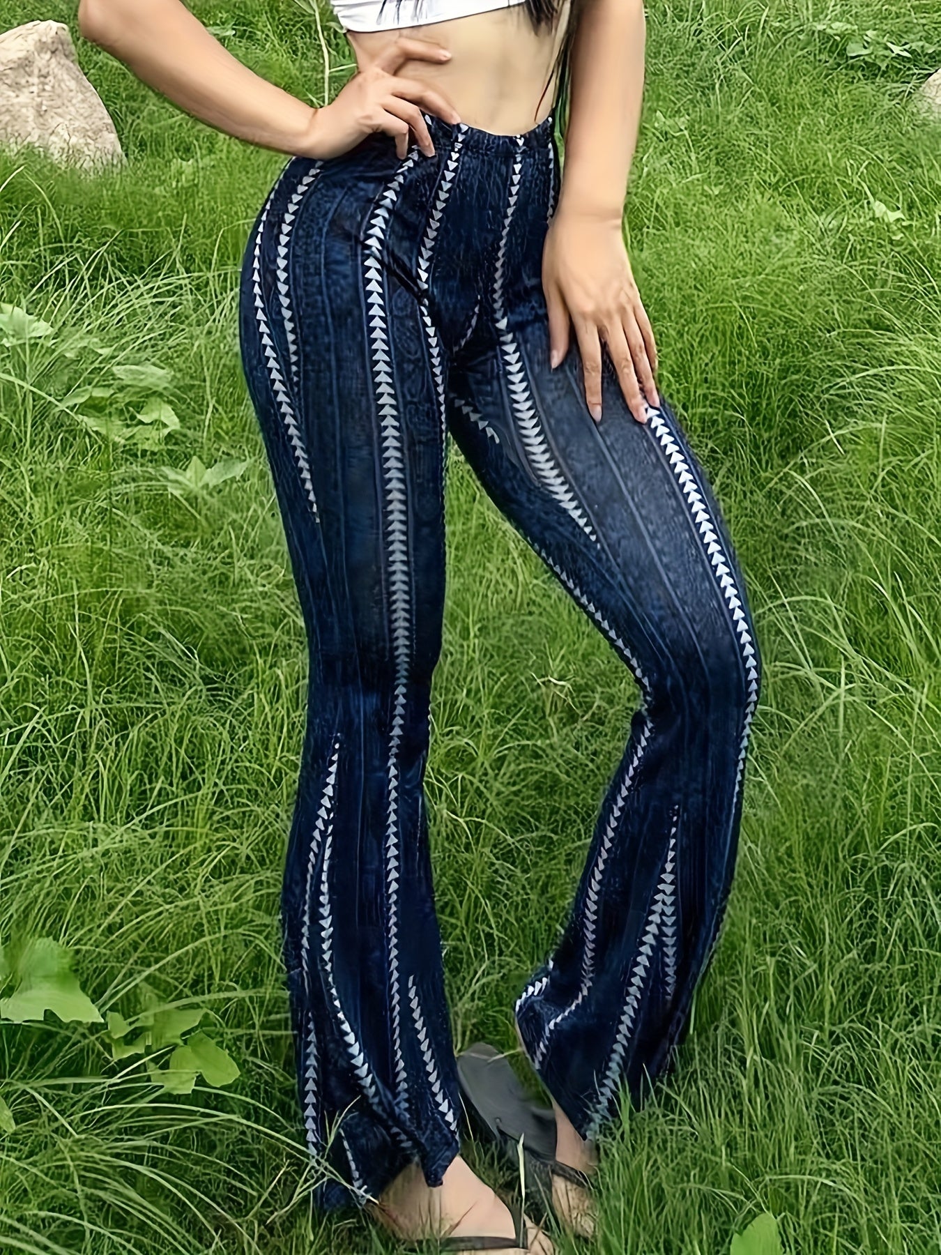 Striped Print Flare Leg Pants, Casual Long Sleeve Slim Pants, Women's Clothing