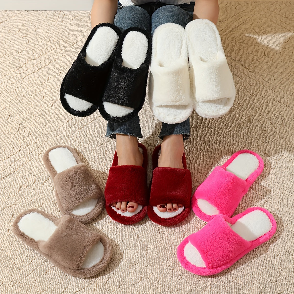 Elegant Solid Color Fluffy Slippers, 2 Fuzzy Plush Indoor Home Non-Slip Slippers, Indoor Warm Cozy Shoes