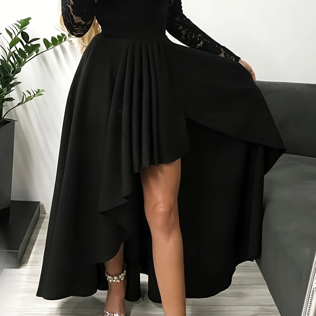 vlovelaw Women's Dresses Black V-neck Lace Backless High And Low Hem Evening Dress
