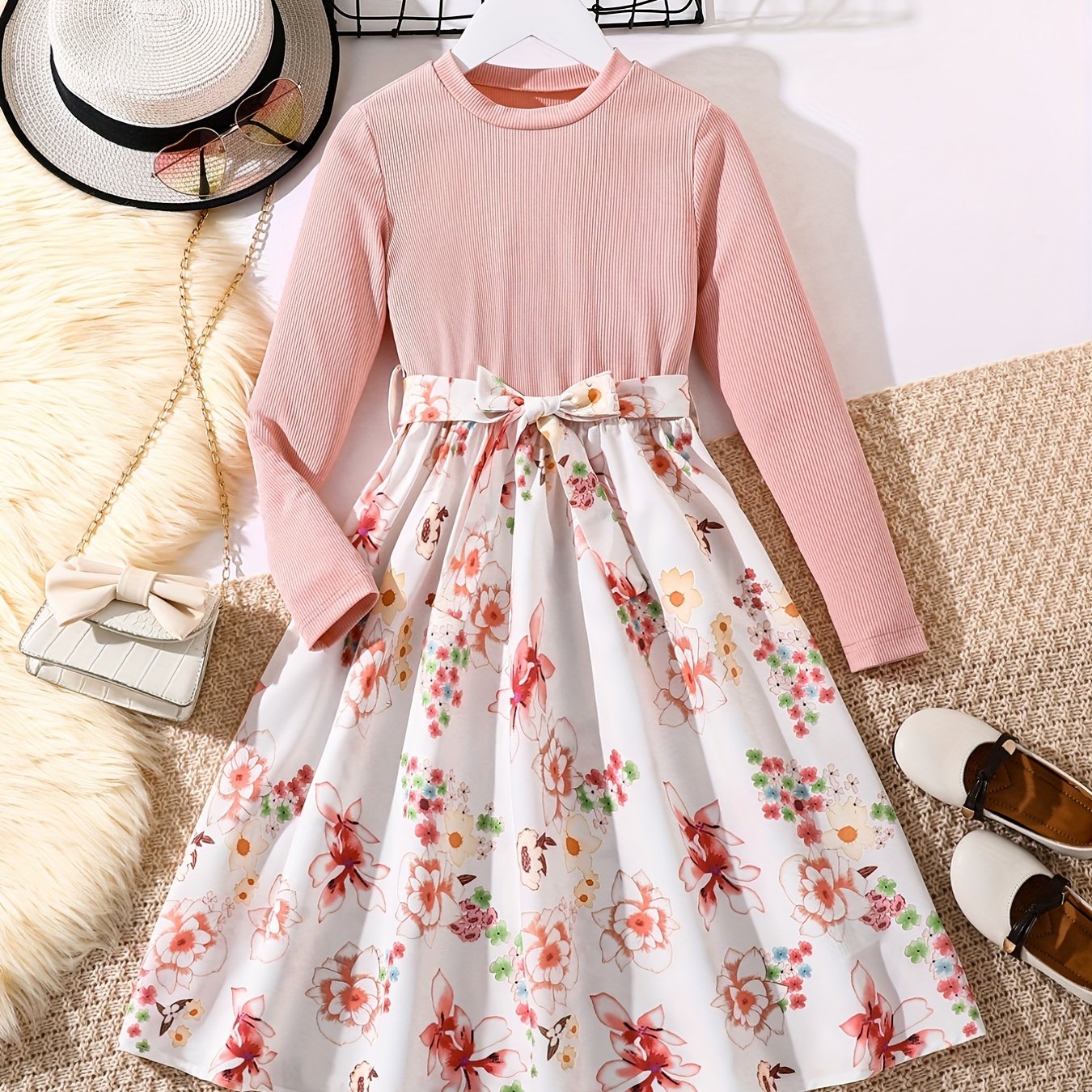 vlovelaw  Girls Long Sleeves Round Neck Flowers Splicing Belted Dress For Party Kids Spring Clothes