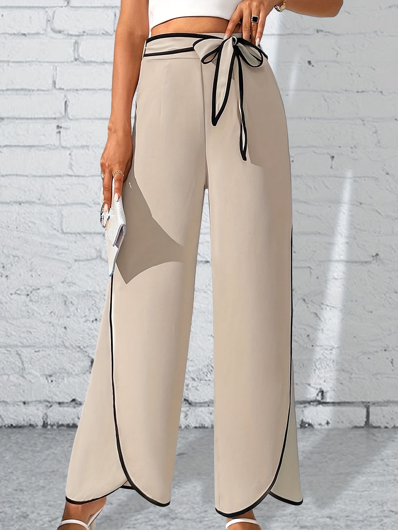 vlovelaw  Contrast Trim Lace Up Pants, Elegant High Waist Wide Leg Pants, Women's Clothing