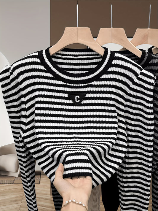 vlovelaw  Striped Crew Neck Knitted Top, Elegant Puff Sleeve Crop Stylish Sweater, Women's Clothing