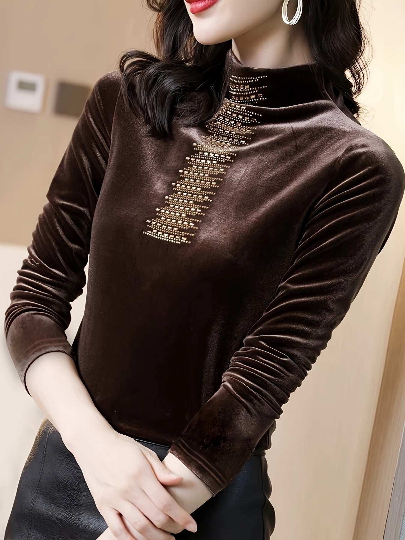 vlovelaw Solid Mock Neck Tee, Elegant Long Sleeve T-shirt For Fall & Winter, Women's Clothing